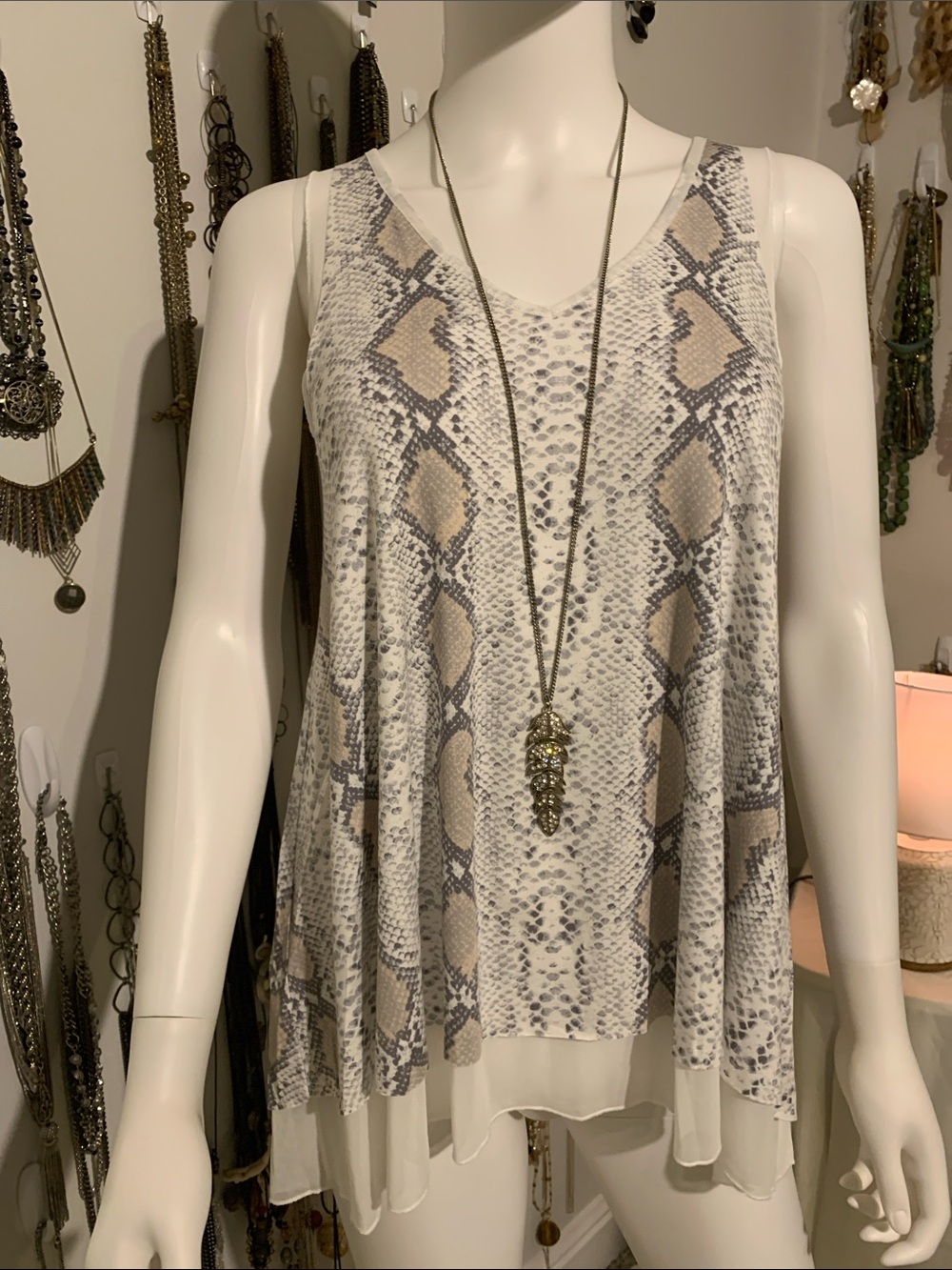 Grace & Lace Snake Print Chiffon-Trim Tank Top - White/Tan with necklace